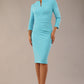 model wearing diva catwalk donna pencil dress in sky blue colour with wide band and sleeves and rounded neckline with low split in front