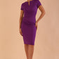 Model wearing Diva Catwalk Donna Short Sleeve Pencil Dress with a wide band and pleating across the tummy area in Royal Purple front