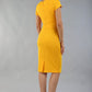 Model wearing Diva Catwalk Donna Short Sleeve Pencil Dress with a wide band and pleating across the tummy area in Saffron Yellow back