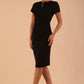 Model wearing Diva Catwalk Donna Short Sleeve Pencil Dress with a wide band and pleating across the tummy area in Black front