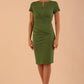 Model wearing Diva Catwalk Donna Short Sleeve Pencil Dress with a wide band and pleating across the tummy area in Vineyard Green 