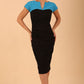 Model wearing the Diva Bryony Contrast dress with contrasting top and exposed zip at the back in black and azure blue front image