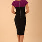 Model wearing the Diva Bryony Contrast dress with contrasting top and exposed zip at the back in black and violet purple front image