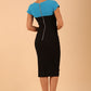 Model wearing the Diva Bryony Contrast dress with contrasting top and exposed zip at the back in black and azure blue back image