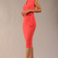 model wearing a diva catwalk Ogle Pencil Dress cap sleeve with round neckline and v-slit and tie on the waistband and knee length in hot coral colour