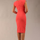 model wearing a diva catwalk Ogle Pencil Dress cap sleeve with round neckline and v-slit and tie on the waistband and knee length in hot coral colour