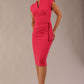 model wearing a diva catwalk Ogle Pencil Dress cap sleeve with round neckline and v-slit and tie on the waistband and knee length in rose pink colour