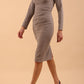 model is wearing diva catwalk cynthia long sleeve pencil dress with low v-neckline in Dove Grey front