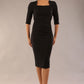 model is wearing a diva catwalk Seed Lexie Pleated Pencil Dress in couture fabric with elbow length sleeves and knee length in black colour front