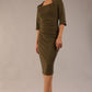 model is wearing a diva catwalk Seed Lexie Pleated Pencil Dress in couture fabric with elbow length sleeves and knee length in Olive Green colour front