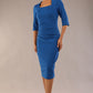 model is wearing a diva catwalk Seed Lexie Pleated Pencil Dress in couture fabric with elbow length sleeves and knee length in sapphire blue colour front