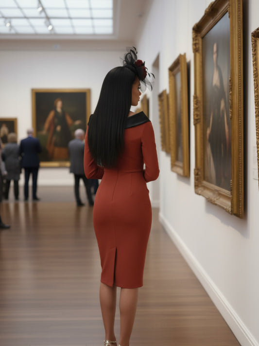 model is wearing diva catwalk pencil dress with contrasting asymmetric satin neckline in marsala brown front with black accents standing in an art gallery.