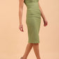 model wearing diva catwalk daphne sleeveless aspen green pencil dress with rounded neckline with split in the middle in front