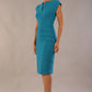 model wearing diva catwalk daphne sleeveless mosaic blue pencil dress with rounded neckline with split in the middle in front