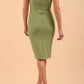 model wearing diva catwalk daphne sleeveless aspen green pencil dress with rounded neckline with split in the middle in back