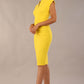 model wearing diva catwalk daphne sleeveless blazing yellow pencil dress with rounded neckline with split in the middle