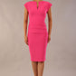 model wearing diva catwalk daphne sleeveless hibiscus pink pencil dress with rounded neckline with split in the middle in front