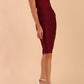model wearing diva catwalk daphne sleeveless magenta haze pencil dress with rounded neckline with split in the middle in blissful burgundy side