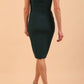model wearing diva catwalk daphne sleeveless burn orange pencil dress with rounded neckline with split in the middle in front in Forest Green back