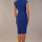 model wearing diva catwalk daphne sleeveless burn orange pencil dress with rounded neckline with split in the middle in front in Cobalt Blue back