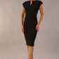 model wearing diva catwalk daphne sleeveless pencil dress with rounded neckline with split in the middle in Black 