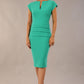 model wearing diva catwalk daphne sleeveless pencil dress with rounded neckline with split in the middle in Emerald Green front