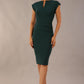 model wearing diva catwalk daphne sleeveless pencil dress with rounded neckline with split in the middle in front in Forest Green front