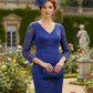model is wearing diva catwalk bucklebury lace dress with sleeved and low neckline in riviera blue front