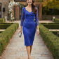 model is wearing diva catwalk bucklebury lace dress with sleeved and low neckline in riviera blue front