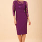 Brunette Model is wearing seed couture lace pencil dress by diva catwalk in imperial purple front