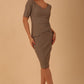 model wearing diva catwalk couture wiltshire fitted pencil-skirt dress with short sleeves and open v-neckline and pleating across the tummy area in taupe brown colour front