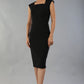 model is wearing diva catwalk seed cadiz pencil sleeveless dress in black front