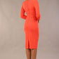 Model wearing Diva catwalk Daphne ¾ Sleeved pencil-skirt dress with pleat detail across the hips and ¾ sleeve length in hot coral back