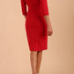 Model wearing the Diva Daphne 3/4 Sleeved dress with pleat detail across the hips and 3/4 sleeve length in Electric Red back