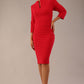 Model wearing the Diva Daphne 3/4 Sleeved dress with pleat detail across the hips and 3/4 sleeve length in Electric Red front