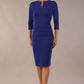 Model wearing the Diva Daphne 3/4 Sleeved dress with pleat detail across the hips and 3/4 sleeve length in Cobalt Blue front