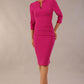 Model wearing the Diva Daphne ¾ Sleeved dress with pleat detail across the hips and ¾ sleeve length in magenta haze front