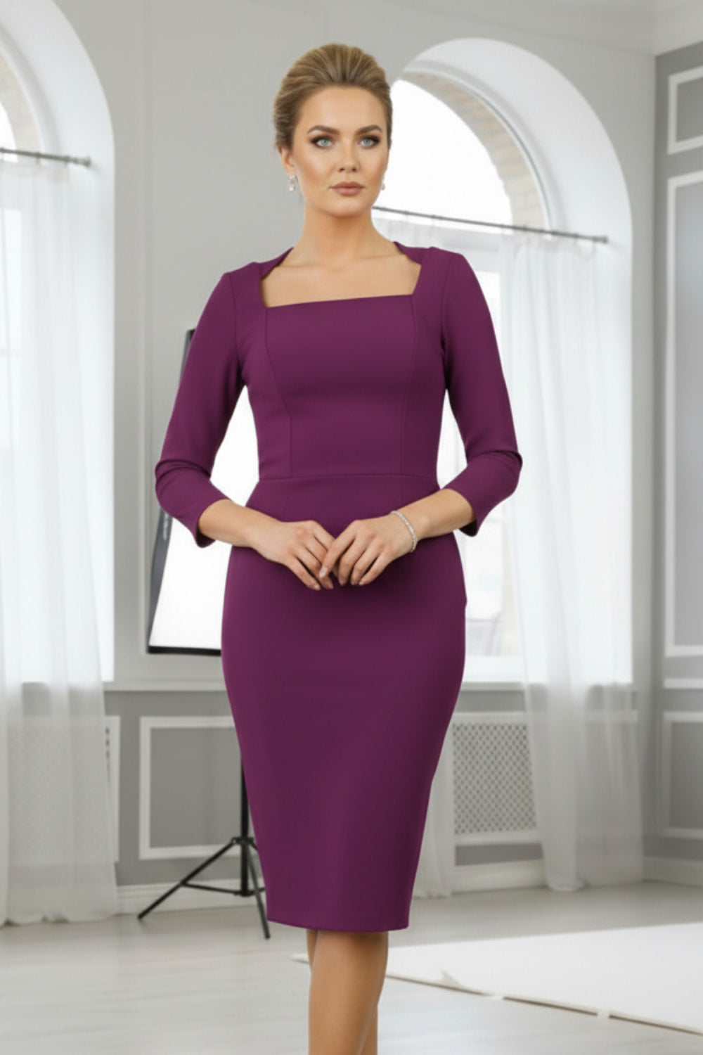 model is wearing seed rowena pencil dress with sleeves and square neckline in PURPLE front (Imperial Purple)