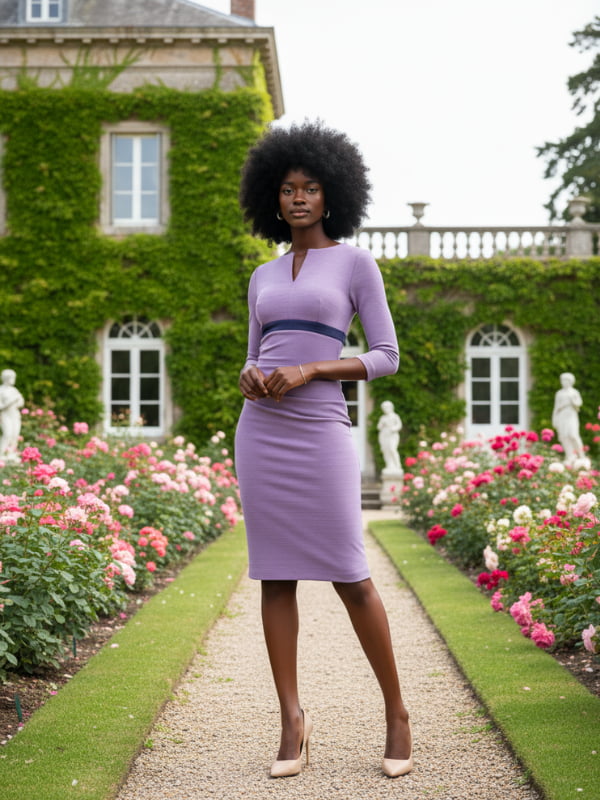 A model wearing pencil marvel stretch dress with 3/4 sleeves from Diva Catwalk