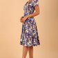 Model wearing a diva catwalk Iris Print Dress short sleeve swing skirt in Kew print side