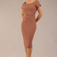 brunette model wearing a diva catwalk Seed Leela Rounded Neckline Cap Sleeved Pencil dress Dress in acorn brown colour front