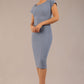 brunette model wearing a diva catwalk Seed Leela Rounded Neckline Cap Sleeved Pencil dress Dress in steel blue colour front 