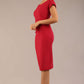 brunette model wearing a diva catwalk Seed Leela Rounded Neckline Cap Sleeved Pencil dress Dress in crimson pink colour front side