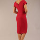 brunette model wearing a diva catwalk Seed Leela Rounded Neckline Cap Sleeved Pencil dress Dress in crimson pink colour back