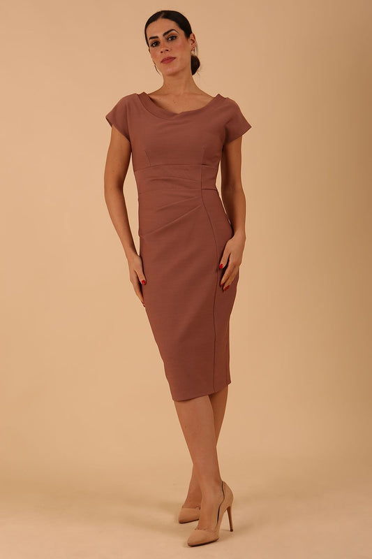 model wearing diva catwalk Seed Leela Rounded Neckline Cap Sleeved Dress in acorn brown colour