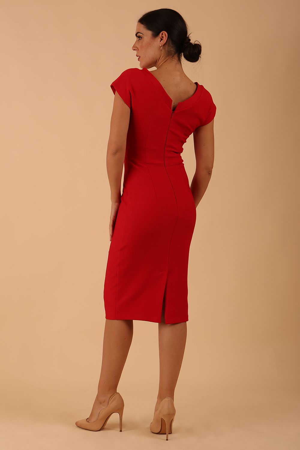 model wearing diva catwalk Seed Leela Rounded Neckline Cap Sleeved Dress in salsa red colour