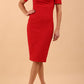 model is wearing diva catwalk seed charlotte pencil plain dress with short sleeve and pleated detail on shoulder in salsa red front
