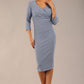 model wearing a diva catwalk Seed Barton Sleeved Pencil Dress 3/4 sleeves and v neckline and knee length with pleating details in steel blue colour