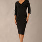 model wearing a diva catwalk Seed Barton Sleeved Pencil Dress 3/4 sleeves and v neckline and knee length with pleating details in black colour