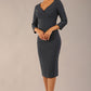 model wearing a diva catwalk Seed Barton Sleeved Pencil Dress 3/4 sleeves and v neckline and knee length with pleating details in slate grey colour